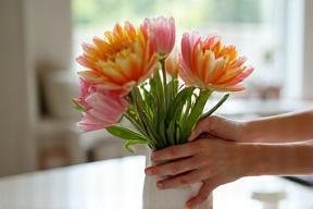 Fresh flowers being placed into a vase in a bright home setting